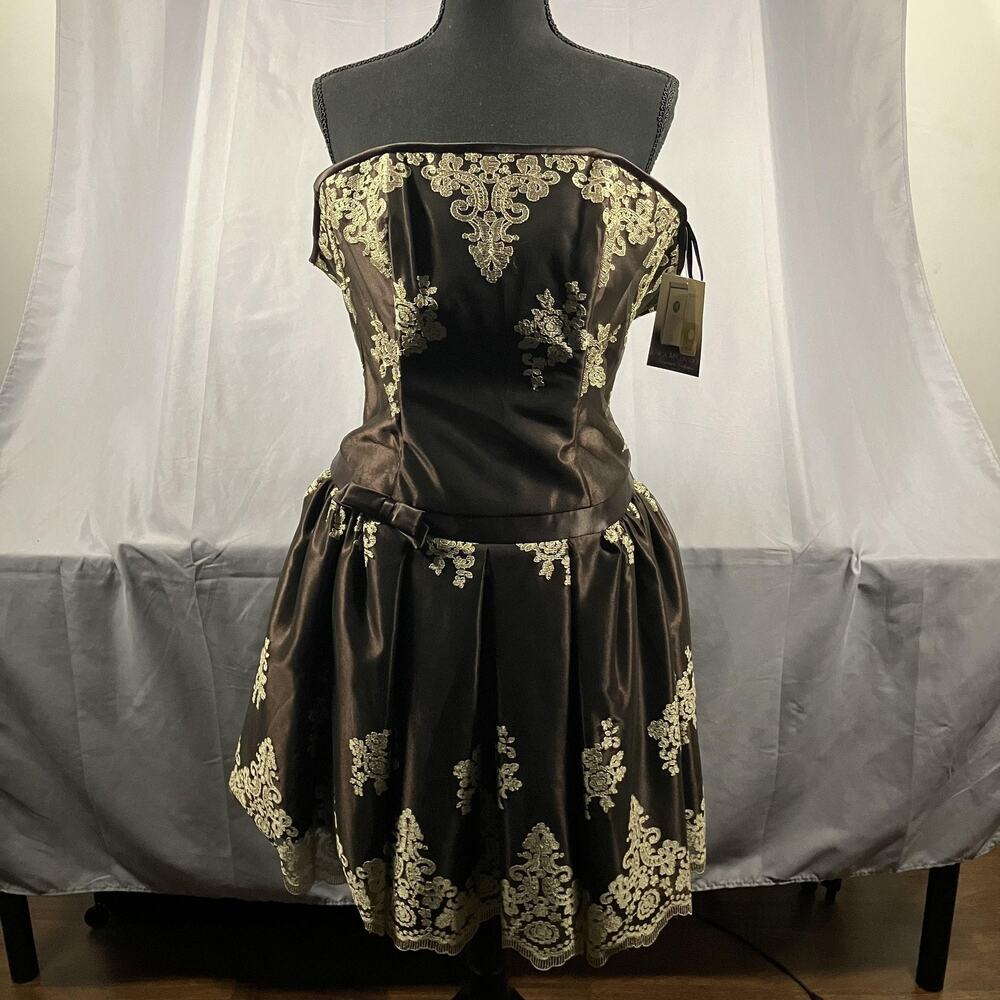 Jessica McClintock Dress Womens 8 Brown Strapless Lace Fit & Flare Made in USA